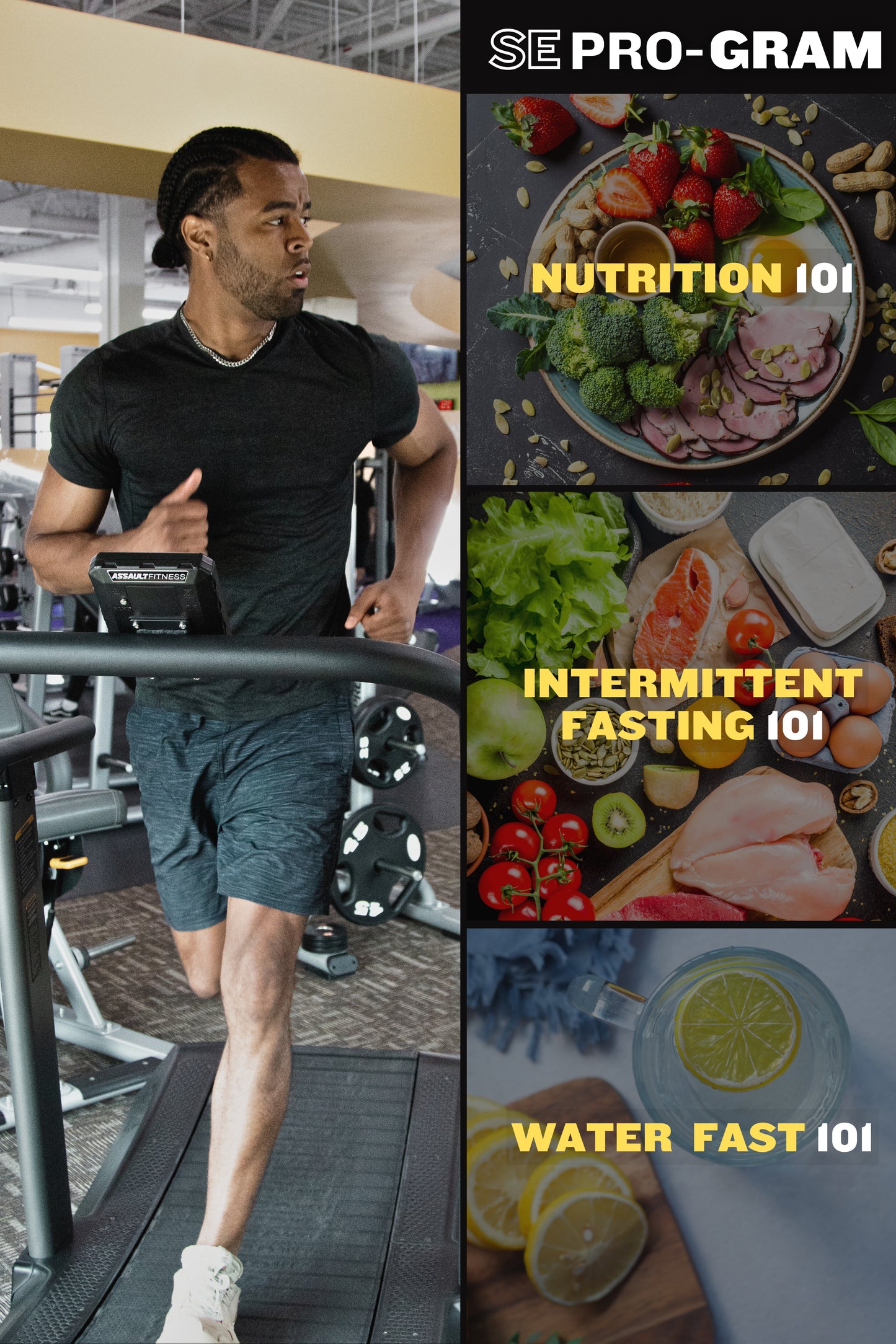 Sébstien Elimbi running on a treadmill with diet guides: Nutrition 101, Intermittent Fasting 101, and Water Fast 101, showcasing his approach to fitness, nutrition, and health.