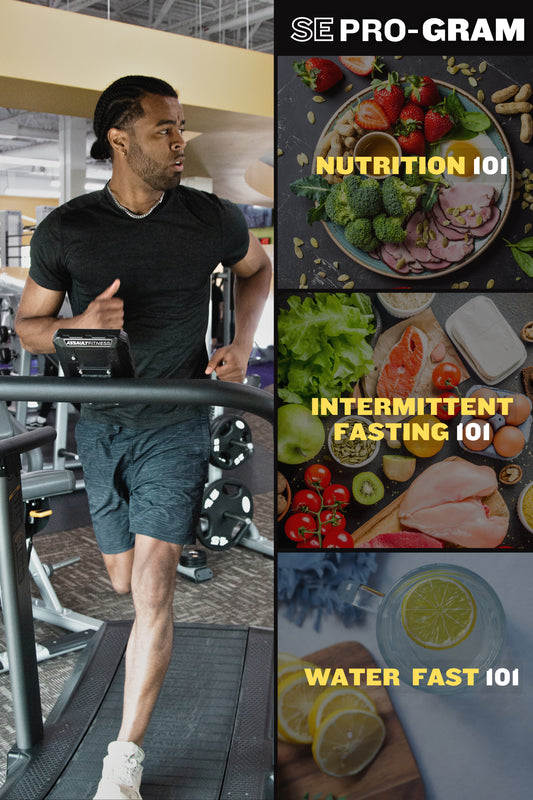 Sébstien Elimbi running on a treadmill with diet guides: Nutrition 101, Intermittent Fasting 101, and Water Fast 101, showcasing his approach to fitness, nutrition, and health.